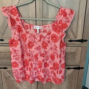 Jessica Simpson Pink Top with Red Floral Print and Lace Trim